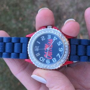 Ole Miss Red/Blue/CZ Watch Stainless Steel Back Japan Movt Rubber Adjust…